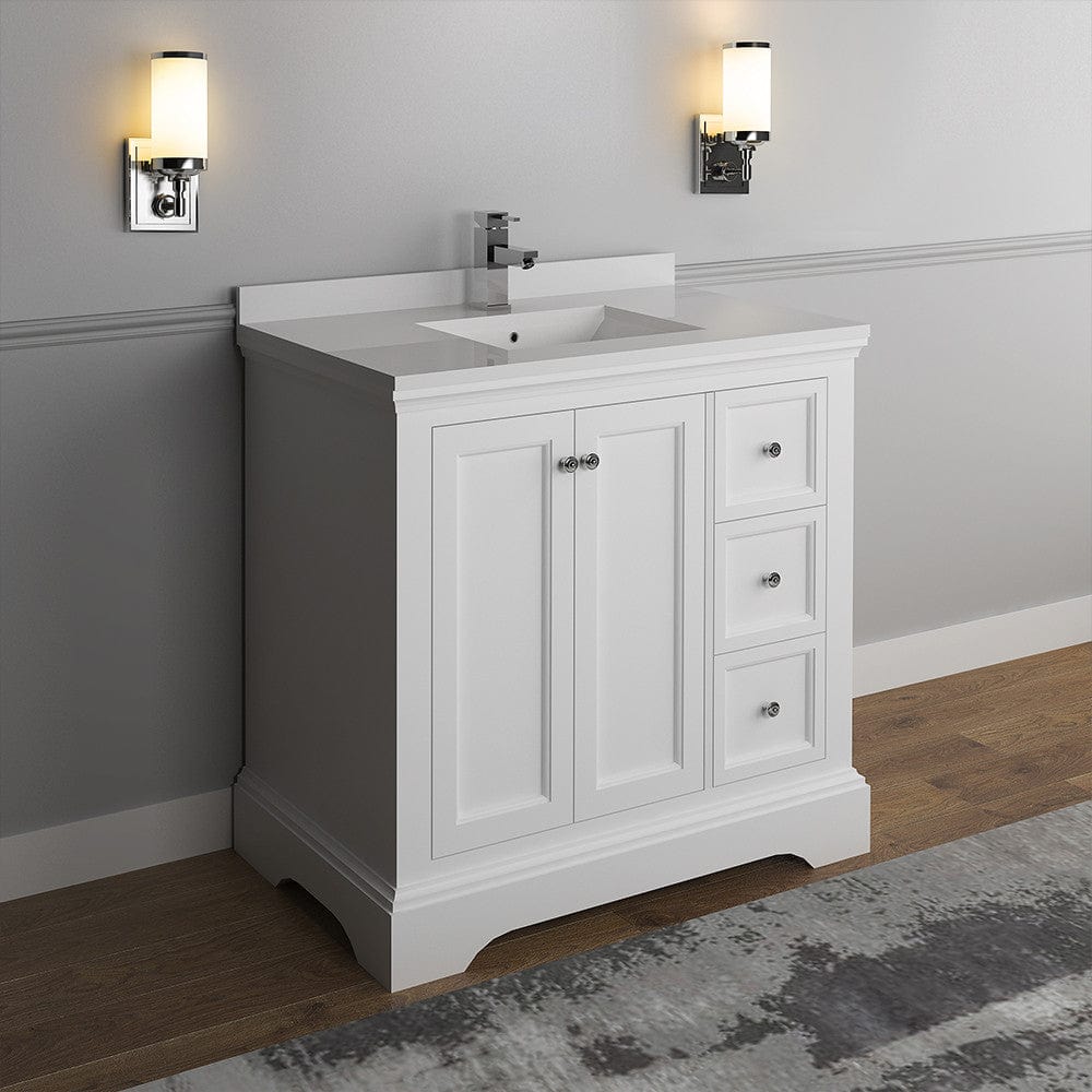 Fresca Windsor 36 Matte White Traditional Bathroom Cabinet w/ Top & Sink | FCB2436WHM-CWH-U