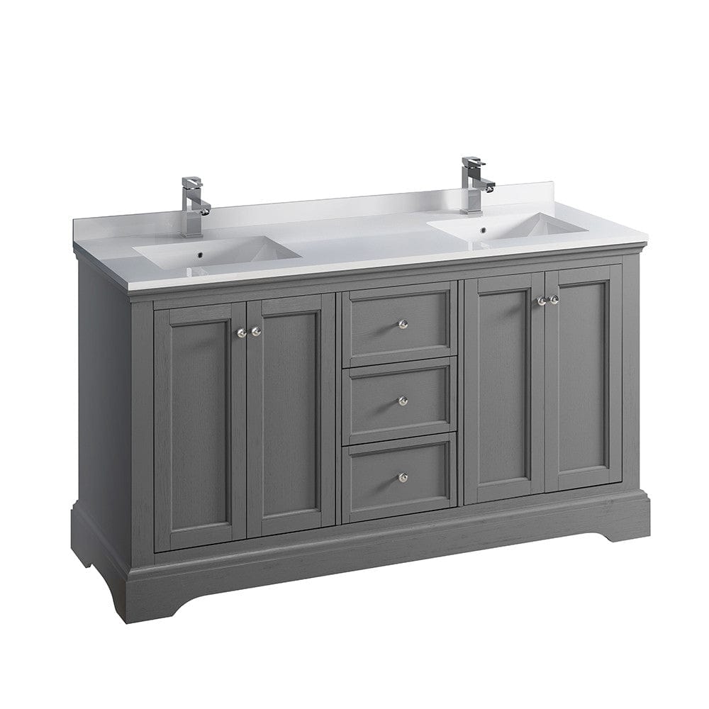 Fresca Windsor 60" Gray Textured Traditional Double Sink Bathroom Cabinet w/ Top & Sinks | FCB2460GRV-CWH-U