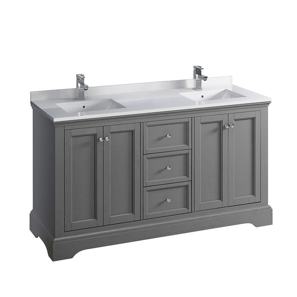 Fresca Windsor 60 Gray Textured Traditional Double Sink Bathroom Cabinet w/ Top & Sinks | FCB2460GRV-CWH-U