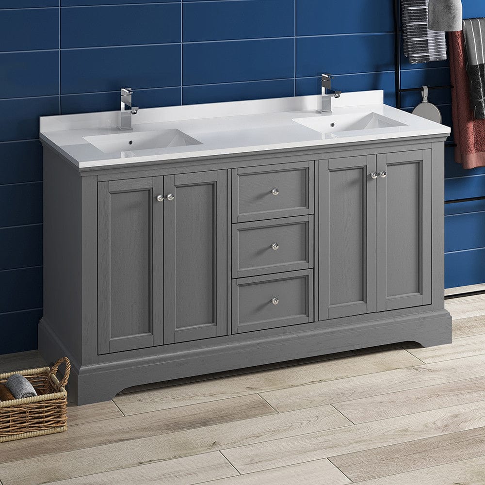 Fresca Windsor 60 Gray Textured Traditional Double Sink Bathroom Cabinet w/ Top & Sinks | FCB2460GRV-CWH-U