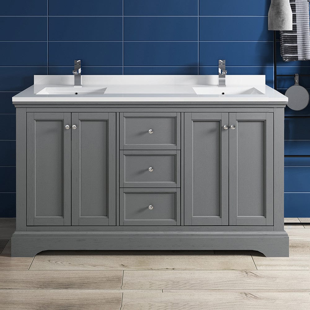 Fresca Windsor 60 Gray Textured Traditional Double Sink Bathroom Cabinet w/ Top & Sinks | FCB2460GRV-CWH-U