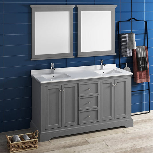 Fresca Windsor 60 Gray Textured Traditional Double Sink Bathroom Vanity w/ Mirrors | FVN2460GRV