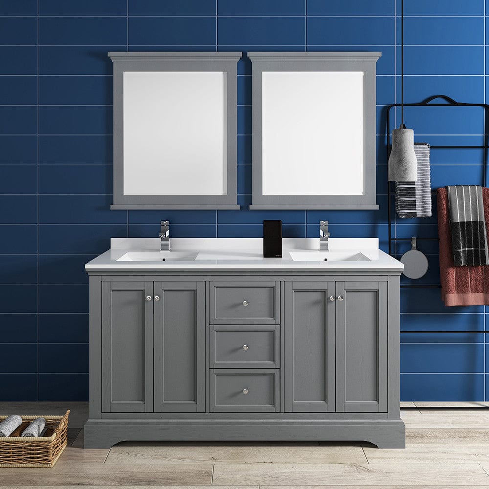 Fresca Windsor 60 Gray Textured Traditional Double Sink Bathroom Vanity w/ Mirrors | FVN2460GRV