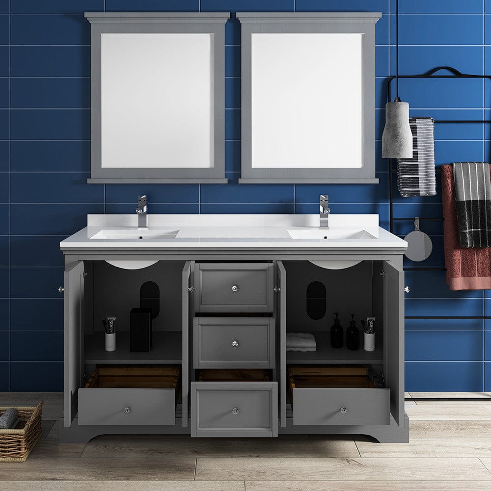 Fresca Windsor 60 Gray Textured Traditional Double Sink Bathroom Vanity w/ Mirrors | FVN2460GRV