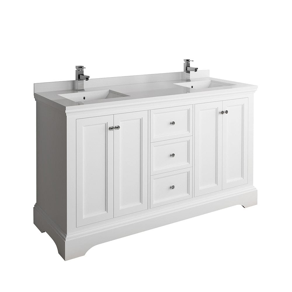 Fresca Windsor 60" Matte White Traditional Double Sink Bathroom Cabinet w/ Top & Sinks | FCB2460WHM-CWH-U