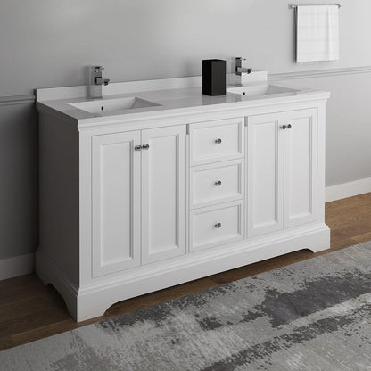 Fresca Windsor 60 Matte White Traditional Double Sink Bathroom Cabinet w/ Top & Sinks | FCB2460WHM-CWH-U