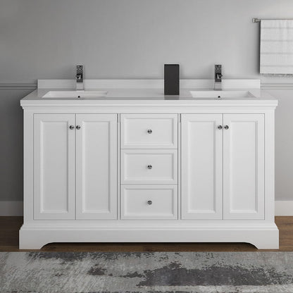 Fresca Windsor 60 Matte White Traditional Double Sink Bathroom Cabinet w/ Top & Sinks | FCB2460WHM-CWH-U