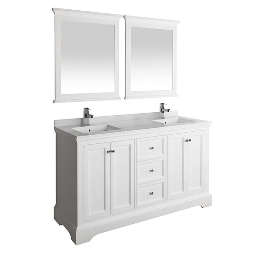 Fresca Windsor 60" Matte White Traditional Double Sink Bathroom Vanity w/ Mirrors | FVN2460WHM