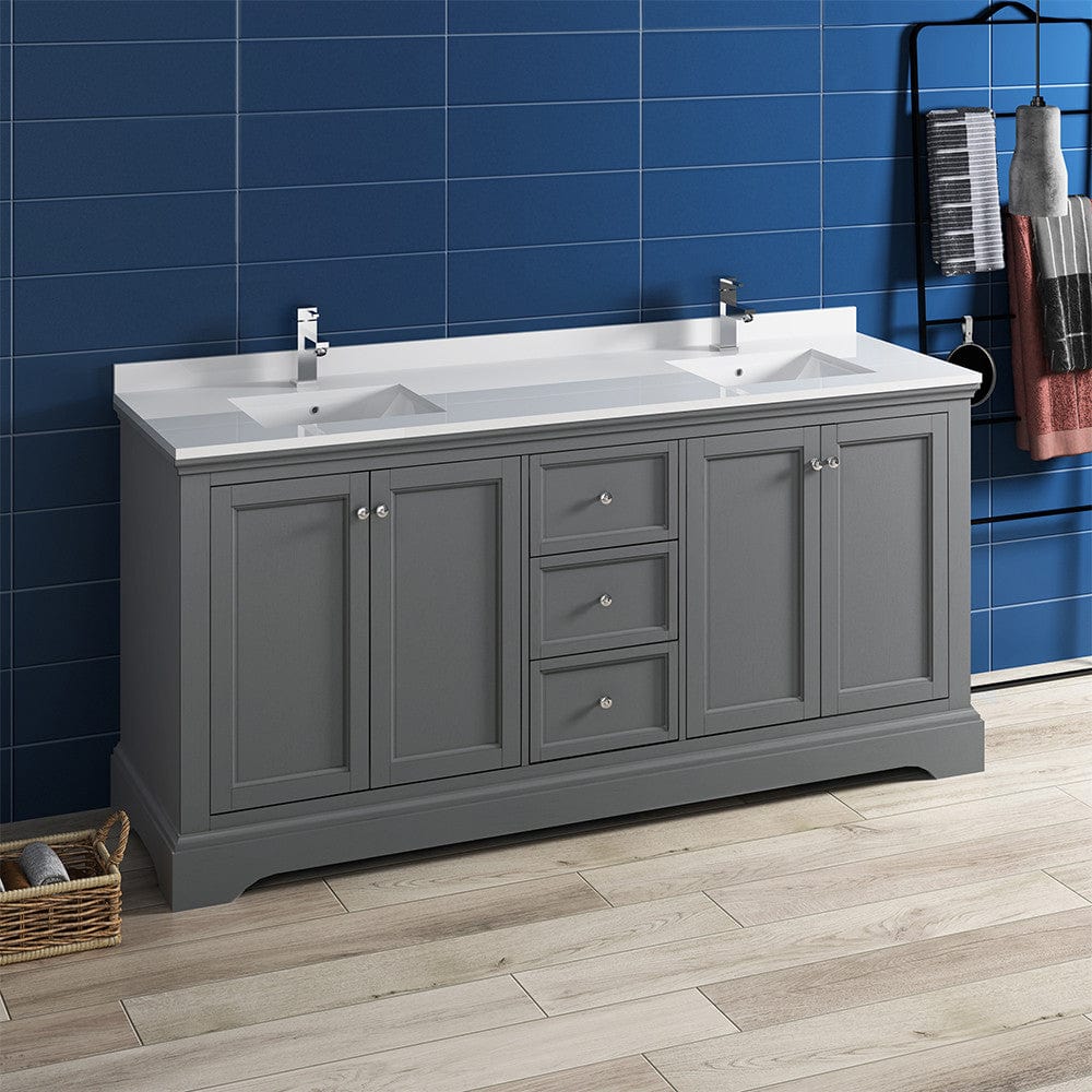 Fresca Windsor 72 Gray Textured Traditional Double Sink Bathroom Cabinet w/ Top & Sinks | FCB2472GRV-CWH-U