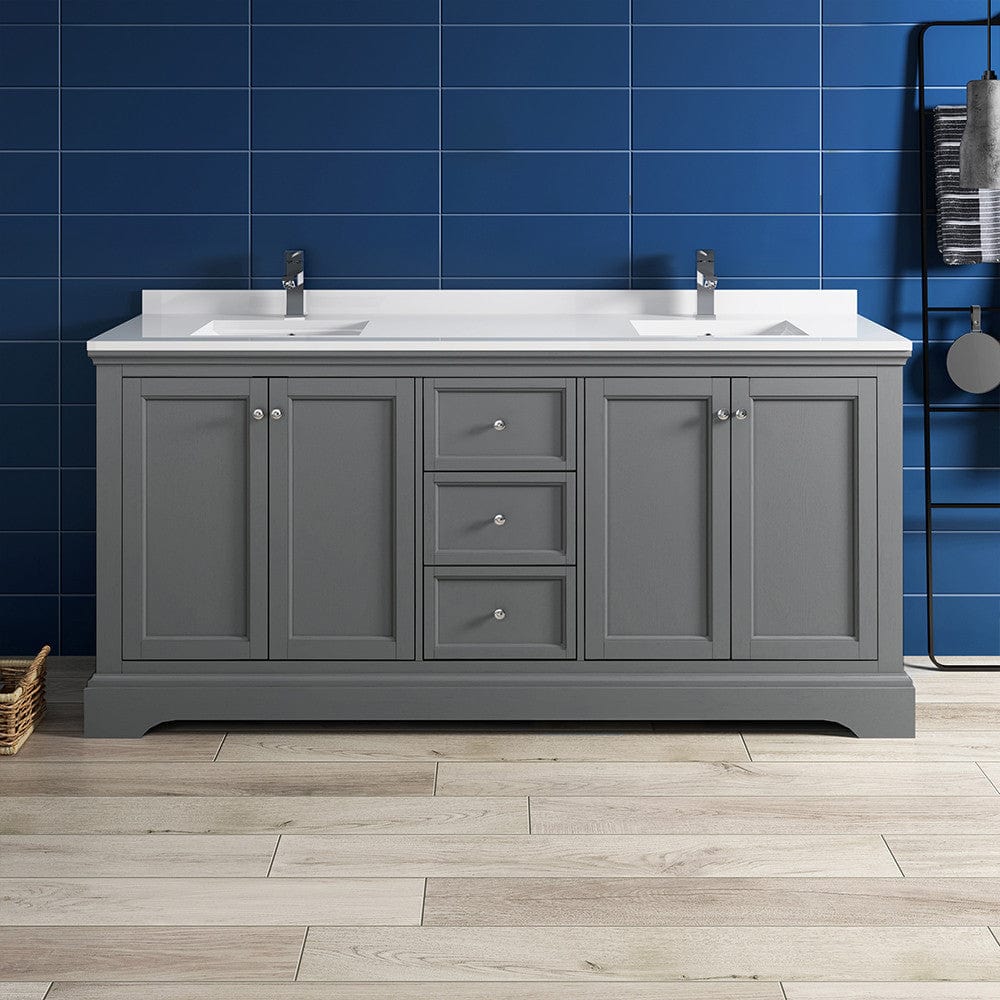 Fresca Windsor 72 Gray Textured Traditional Double Sink Bathroom Cabinet w/ Top & Sinks | FCB2472GRV-CWH-U