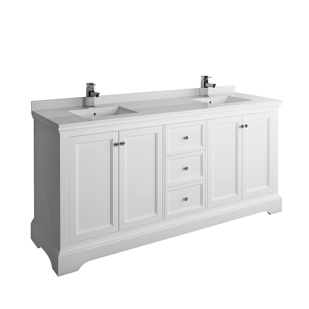 Fresca Windsor 72" Matte White Traditional Double Sink Bathroom Cabinet w/ Top & Sinks | FCB2472WHM-CWH-U