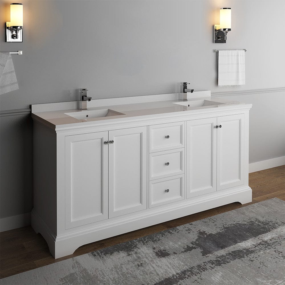 Fresca Windsor 72 Matte White Traditional Double Sink Bathroom Cabinet w/ Top & Sinks | FCB2472WHM-CWH-U