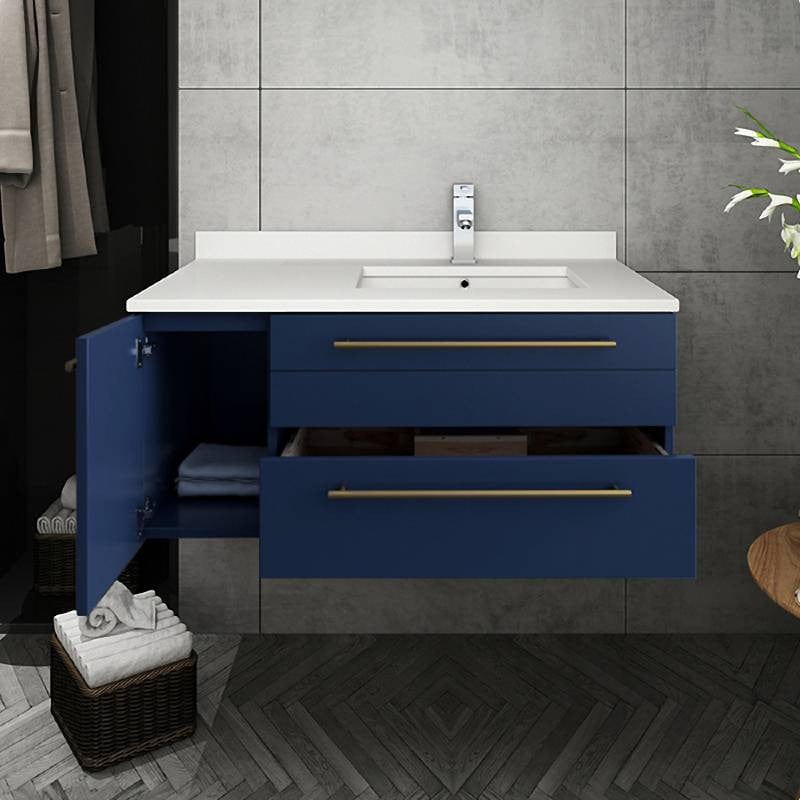 Lucera Modern 36" Royal Blue Wall Hung Cabinet w/ Top & Undermount Sink- Right Version