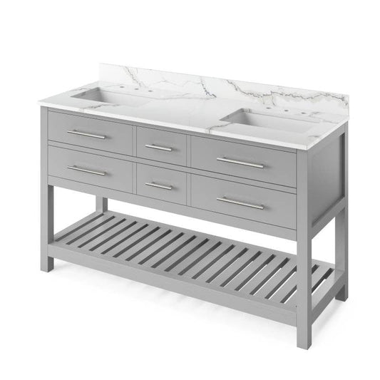 Jeffrey Alexander Wavecrest Contemporary 60" Grey Double Undermount Sink Vanity w/ Quartz Top