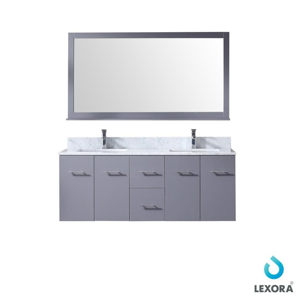 Lexora Amelie 60" Dark Grey Double Vanity Set | White Carrara Marble Top | White Ceramic Square Undermount Sinks | 60" Mirror