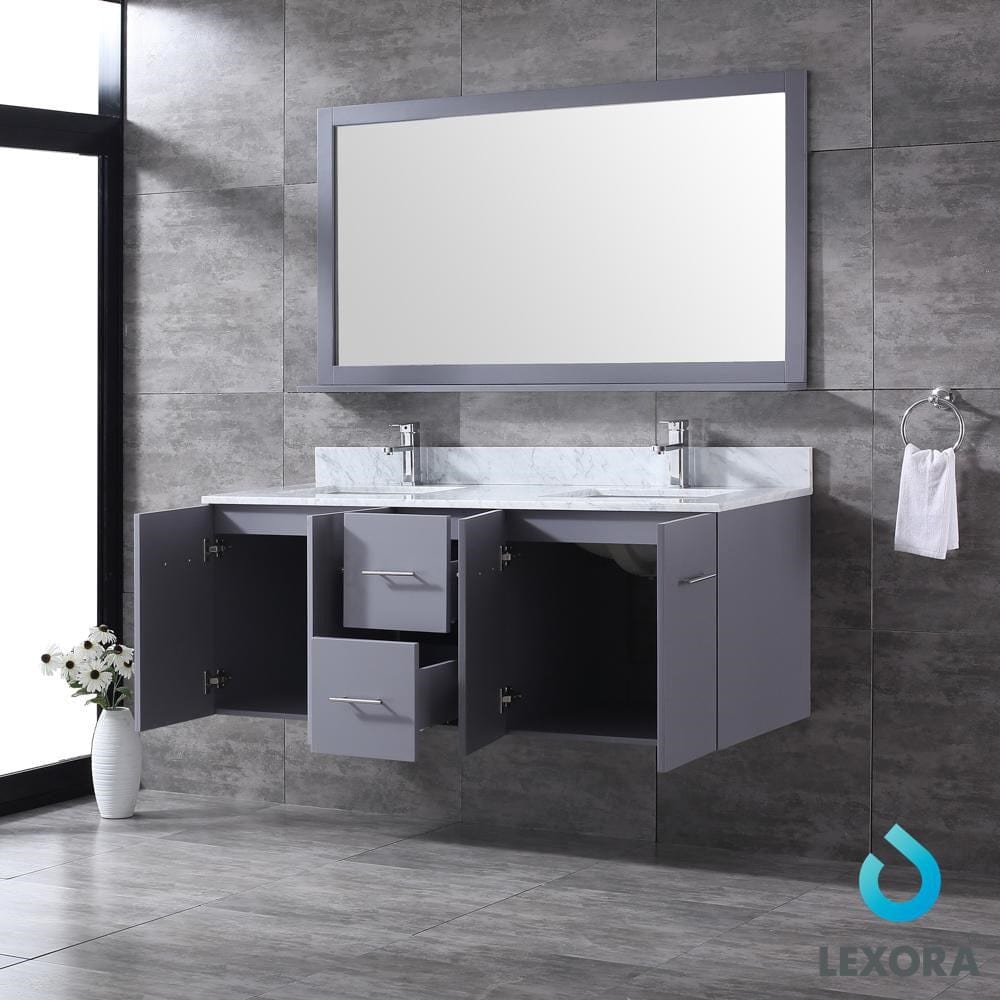 Lexora Amelie 60" Dark Grey Double Vanity Set | White Carrara Marble Top | White Ceramic Square Undermount Sinks | 60" Mirror