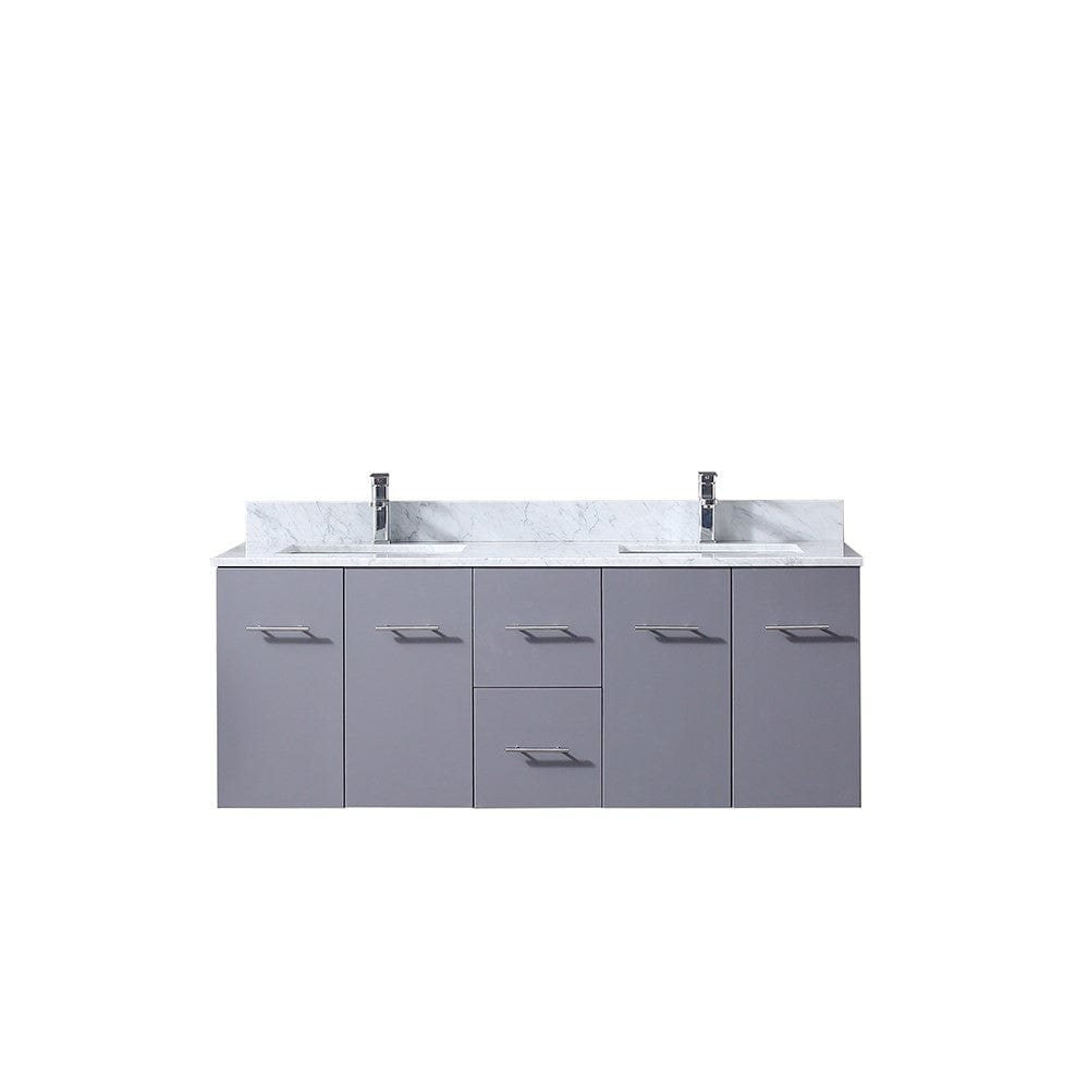 Lexora Amelie 60" Dark Grey Double Vanity | White Carrara Marble Top | White Ceramic Square Undermount Sinks | No Mirror