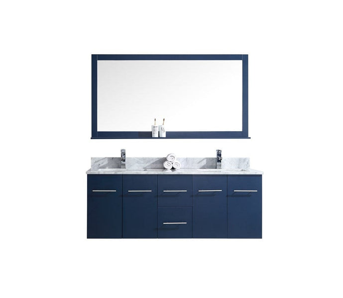 Lexora Amelie 60 Navy Blue Double Vanity Set | White Carrara Marble Top | White Ceramic Square Undermount Sinks | 60 Mirror