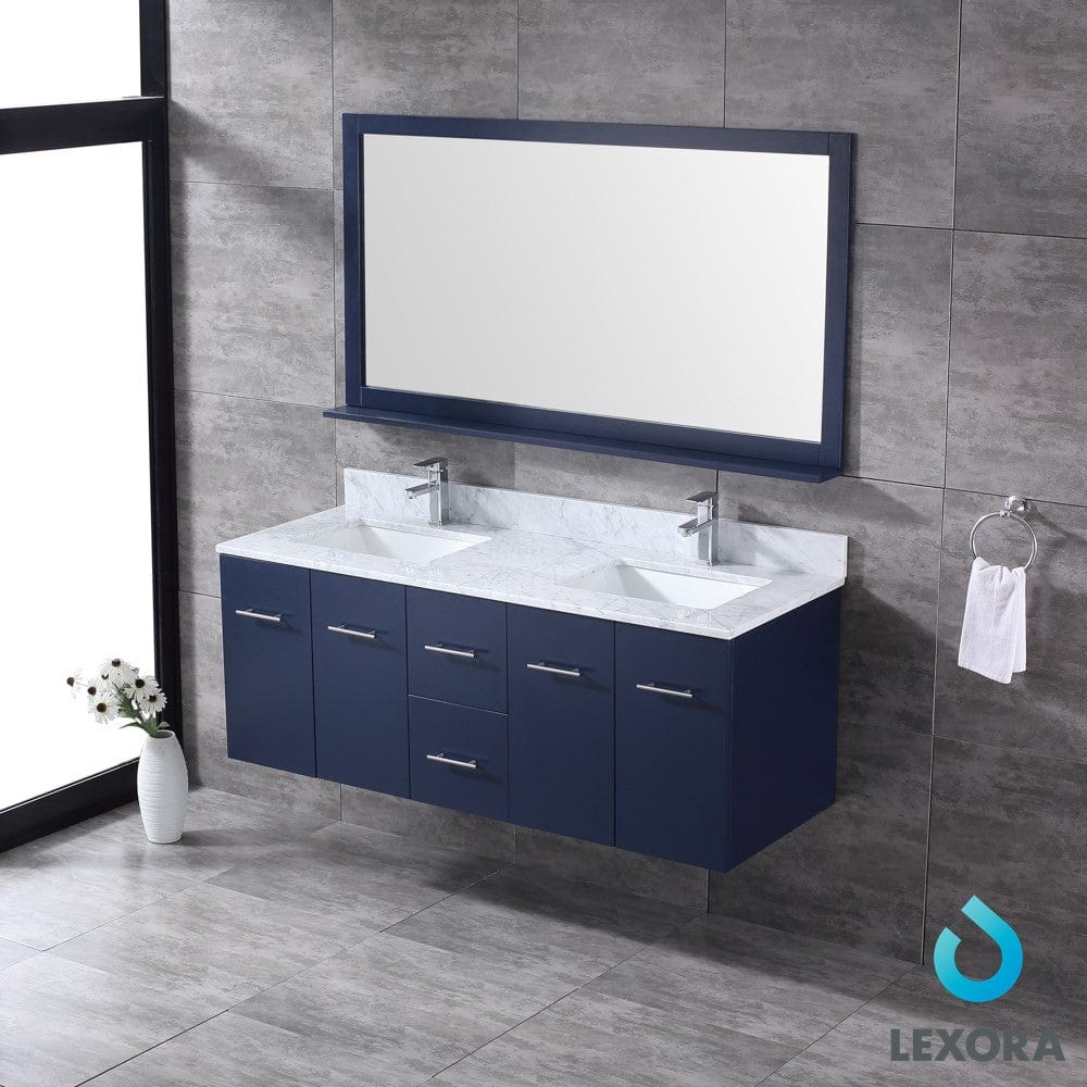 Lexora Amelie 60" Navy Blue Double Vanity Set | White Carrara Marble Top | White Ceramic Square Undermount Sinks | 60" Mirror