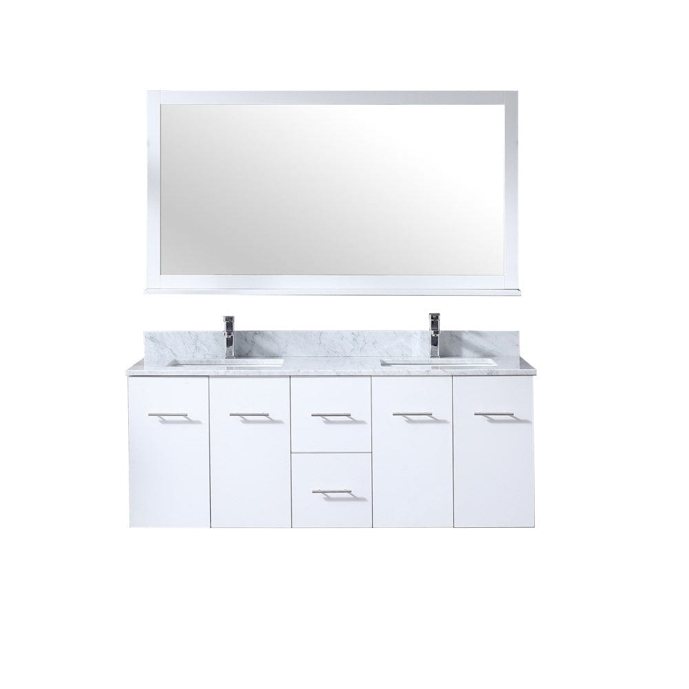Lexora Amelie 60" White Double Vanity Set | White Carrara Marble Top | White Ceramic Square Undermount Sinks | 60" Mirror