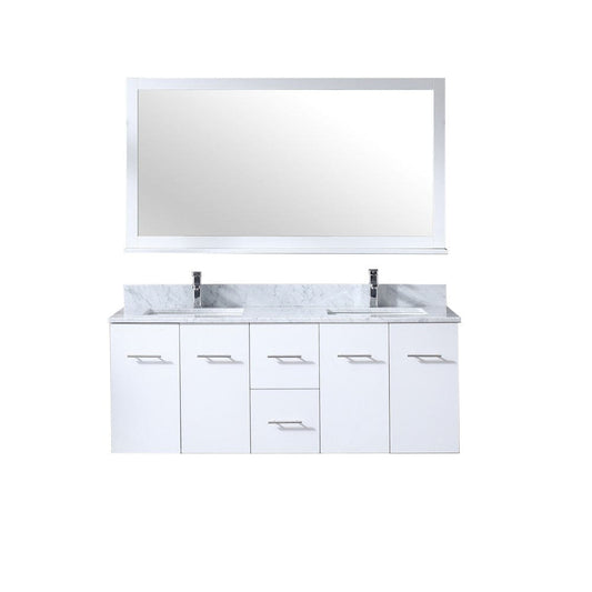 Lexora Amelie 60" White Double Vanity Set | White Carrara Marble Top | White Ceramic Square Undermount Sinks | 60" Mirror