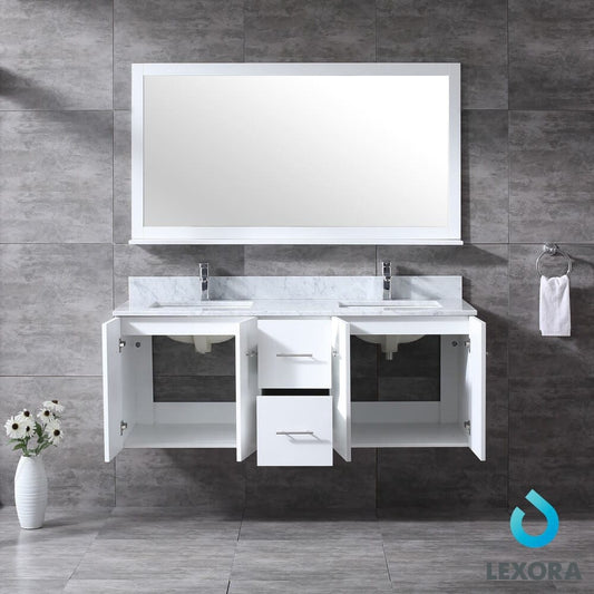 Lexora Amelie 60" White Double Vanity Set | White Carrara Marble Top | White Ceramic Square Undermount Sinks | 60" Mirror