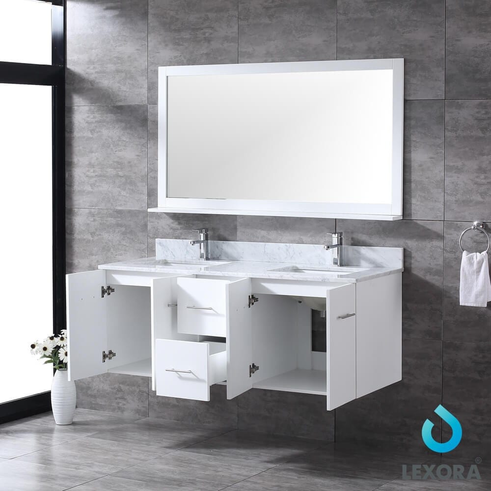 Lexora Amelie 60" White Double Vanity Set | White Carrara Marble Top | White Ceramic Square Undermount Sinks | 60" Mirror