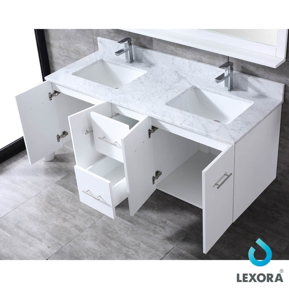 Lexora Amelie 60" White Double Vanity Set | White Carrara Marble Top | White Ceramic Square Undermount Sinks | 60" Mirror