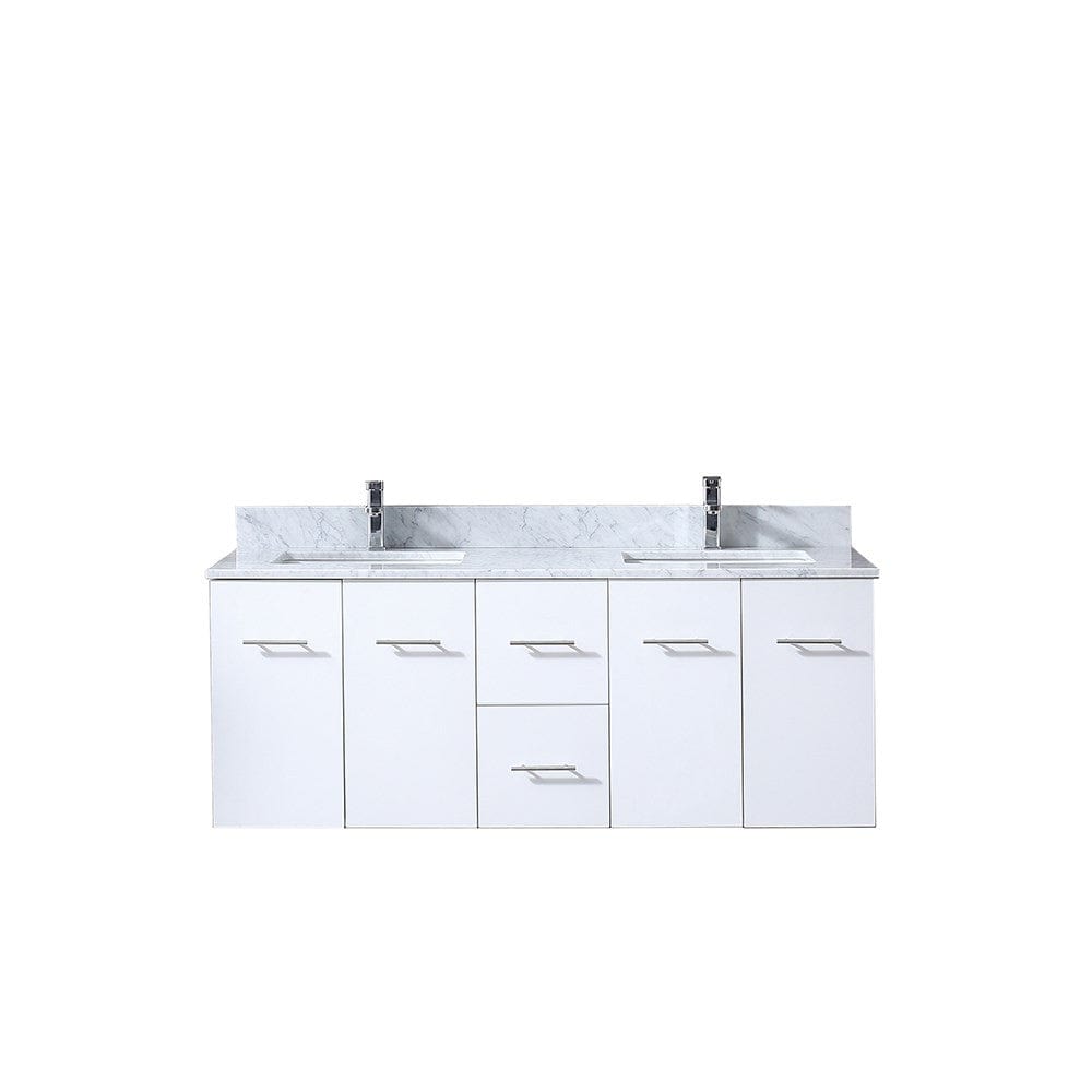 Lexora Amelie 60" White Double Vanity | White Carrara Marble Top | White Ceramic Square Undermount Sinks | No Mirror