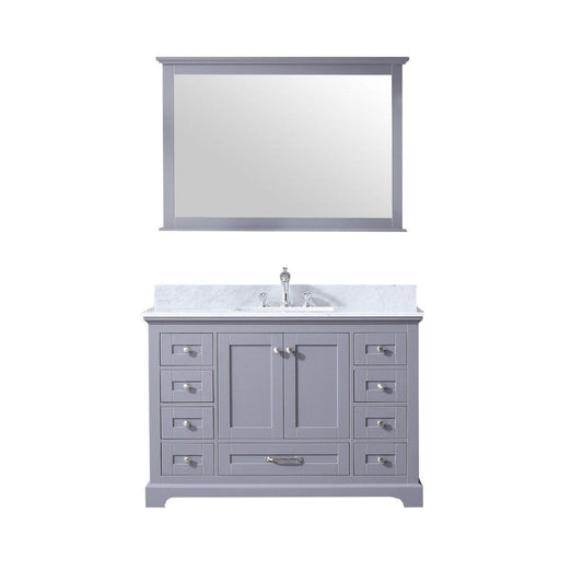 Lexora Dukes 48" Dark Grey Single Vanity Set | White Carrara Marble Top | White Ceramic Square Undermount Sink | 46" Mirror