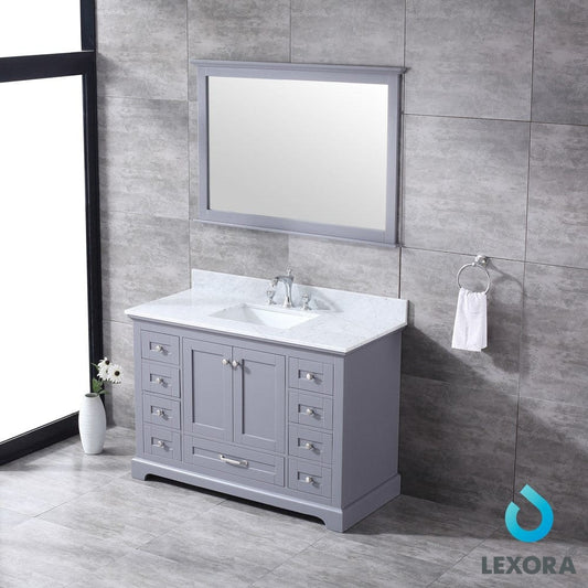 Lexora Dukes 48" Dark Grey Single Vanity Set | White Carrara Marble Top | White Ceramic Square Undermount Sink | 46" Mirror