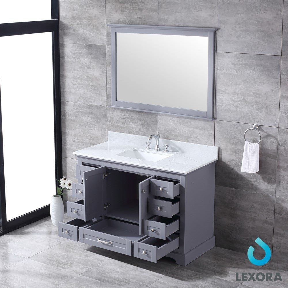 Lexora Dukes 48" Dark Grey Single Vanity Set | White Carrara Marble Top | White Ceramic Square Undermount Sink | 46" Mirror