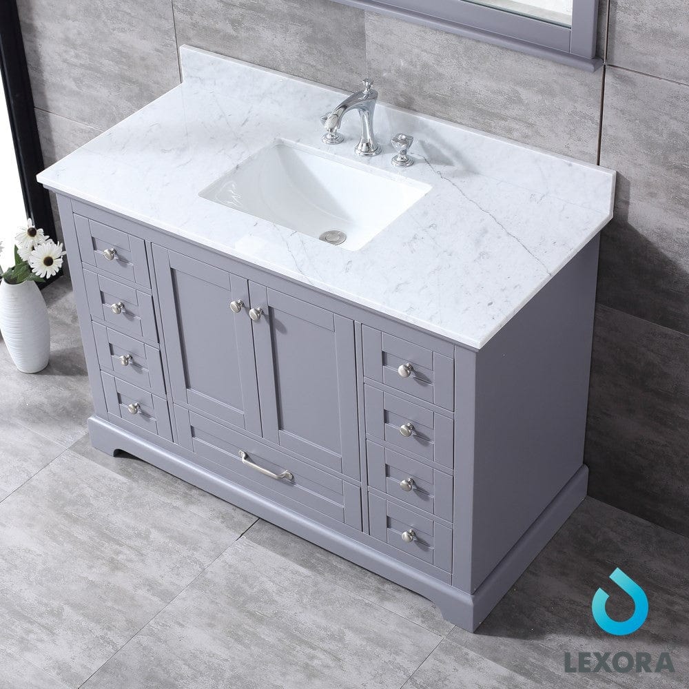 Lexora Dukes 48" Dark Grey Single Vanity Set | White Carrara Marble Top | White Ceramic Square Undermount Sink | 46" Mirror