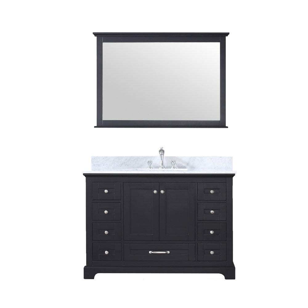 Lexora Dukes 48" Espresso Single Vanity Set | White Carrara Marble Top | White Ceramic Square Undermount Sink | 46" Mirror