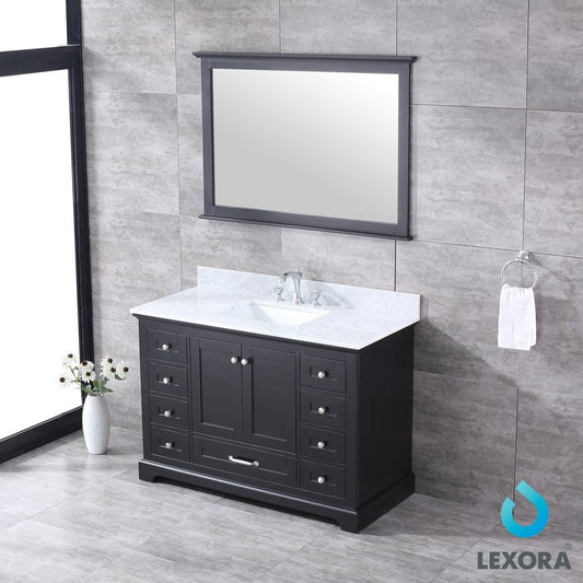 Lexora Dukes 48" Espresso Single Vanity Set | White Carrara Marble Top | White Ceramic Square Undermount Sink | 46" Mirror