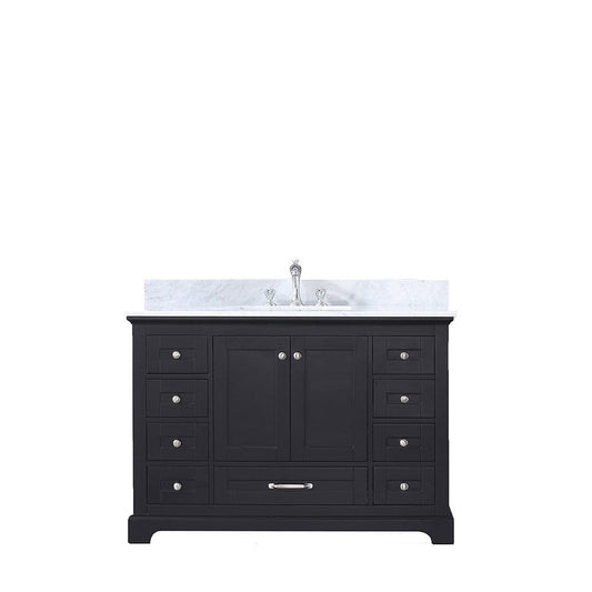 Lexora Dukes 48" Espresso Single Vanity | White Carrara Marble Top | White Ceramic Square Undermount Sink | No Mirror