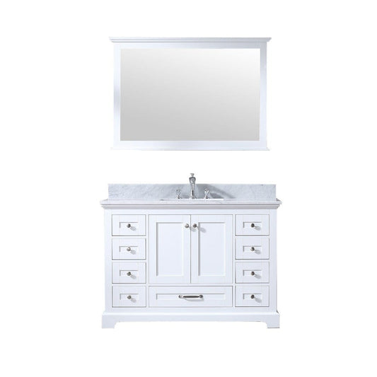 Lexora Dukes 48" White Single Vanity Set | White Carrara Marble Top | White Ceramic Square Undermount Sink | 46" Mirror