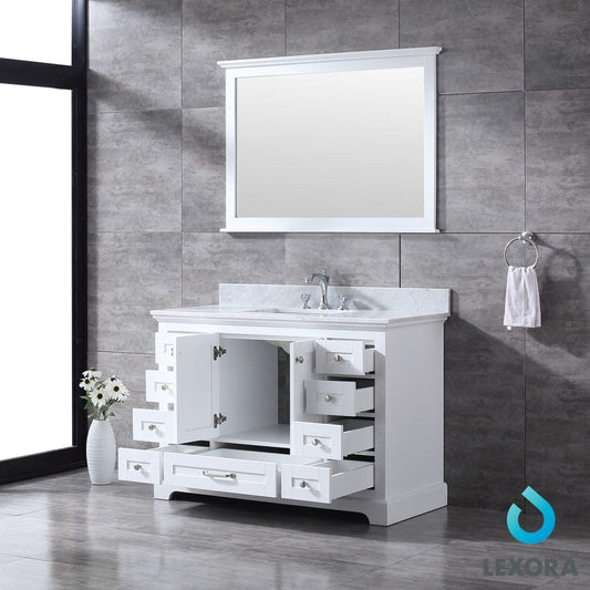 Lexora Dukes 48" White Single Vanity Set | White Carrara Marble Top | White Ceramic Square Undermount Sink | 46" Mirror