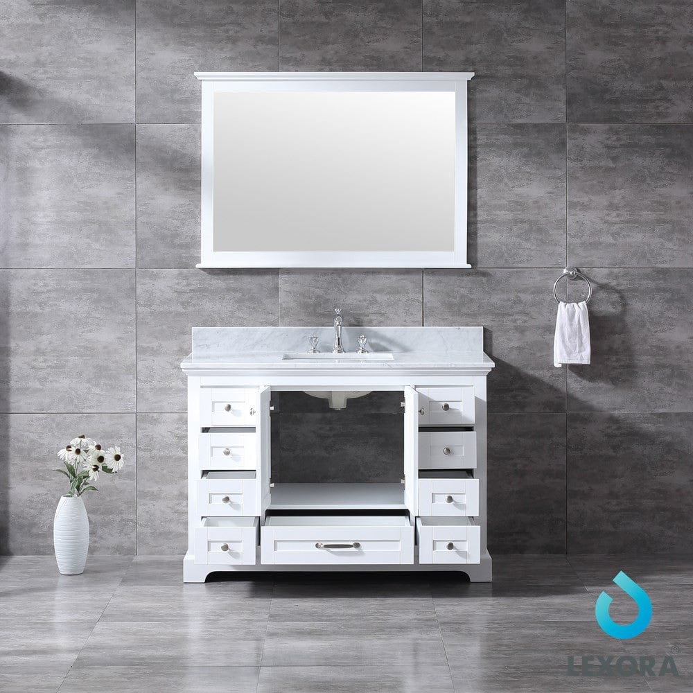 Lexora Dukes 48" White Single Vanity Set | White Carrara Marble Top | White Ceramic Square Undermount Sink | 46" Mirror