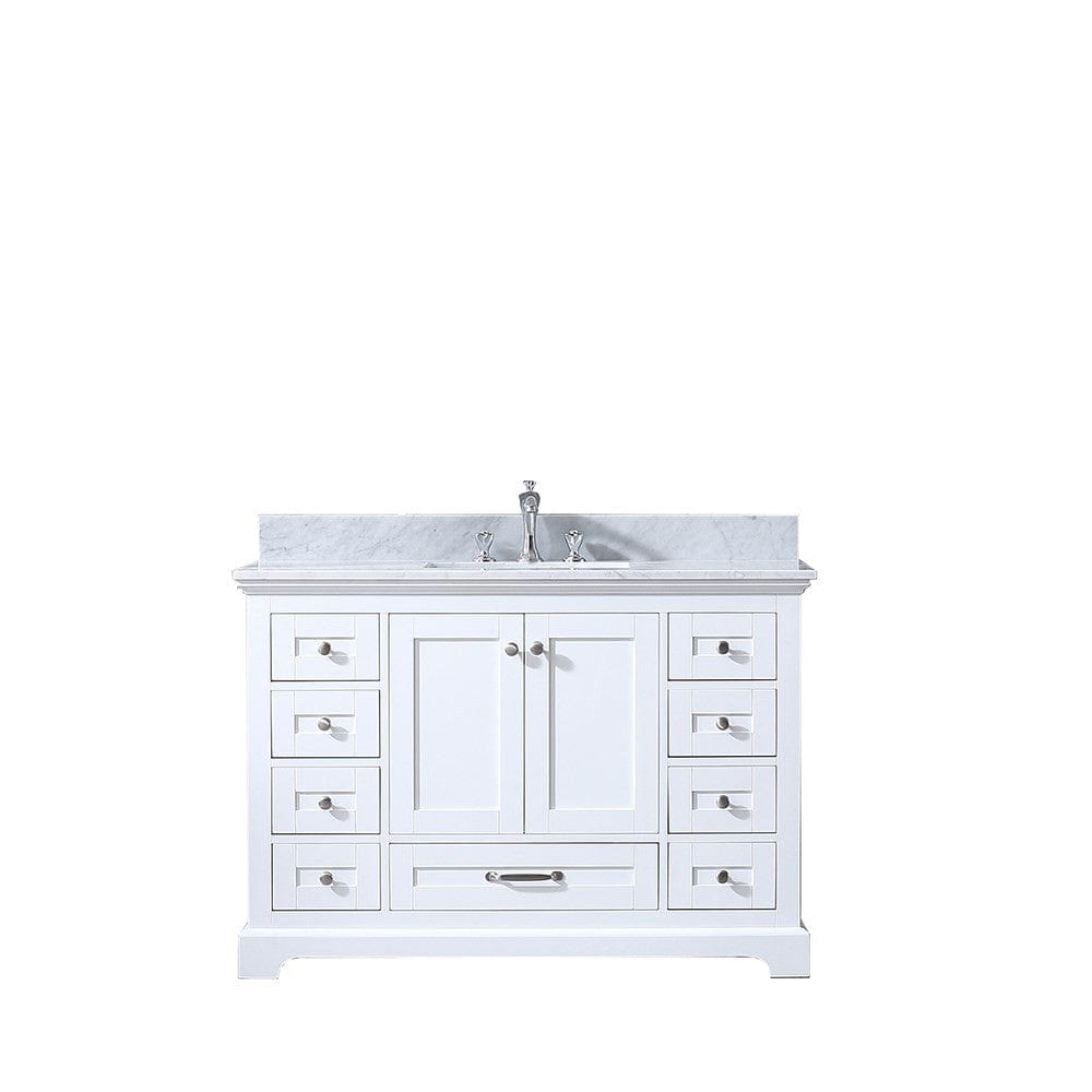 Lexora Dukes 48" White Single Vanity | White Carrara Marble Top | White Ceramic Square Undermount Sink | No Mirror