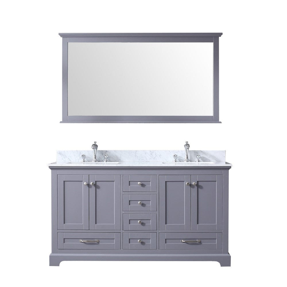 Lexora Dukes 60" Dark Grey Double Vanity Set | White Carrara Marble Top | White Ceramic Square Undermount Sinks | 58" Mirror