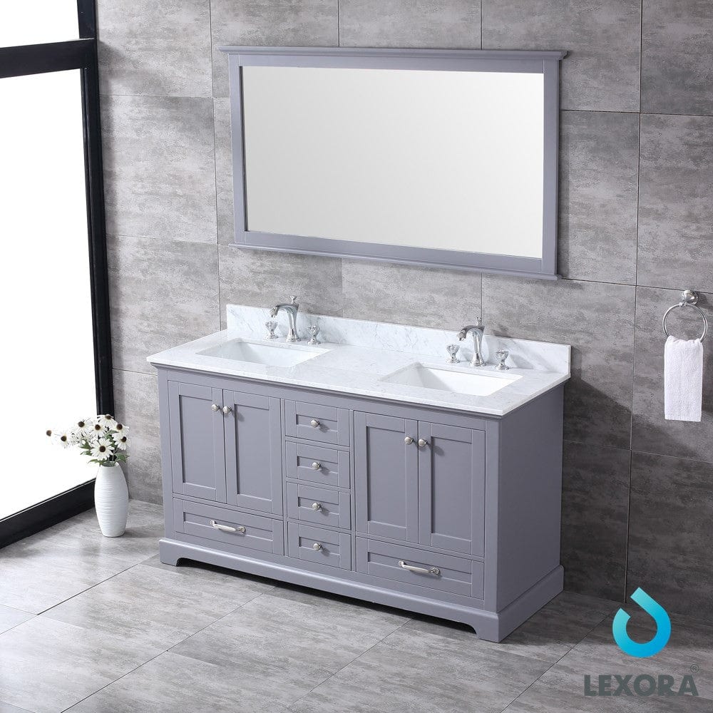 Lexora Dukes 60" Dark Grey Double Vanity Set | White Carrara Marble Top | White Ceramic Square Undermount Sinks | 58" Mirror