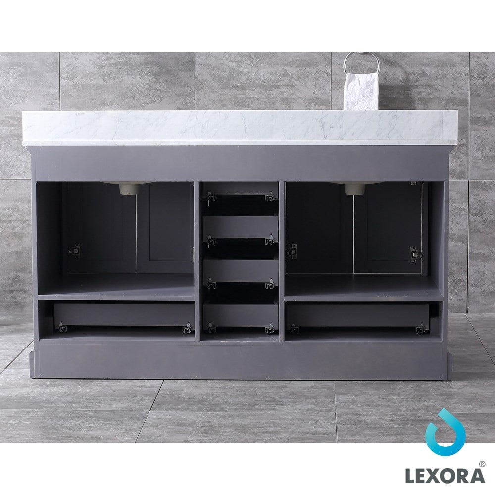 Lexora Dukes 60" Dark Grey Double Vanity Set | White Carrara Marble Top | White Ceramic Square Undermount Sinks | 58" Mirror