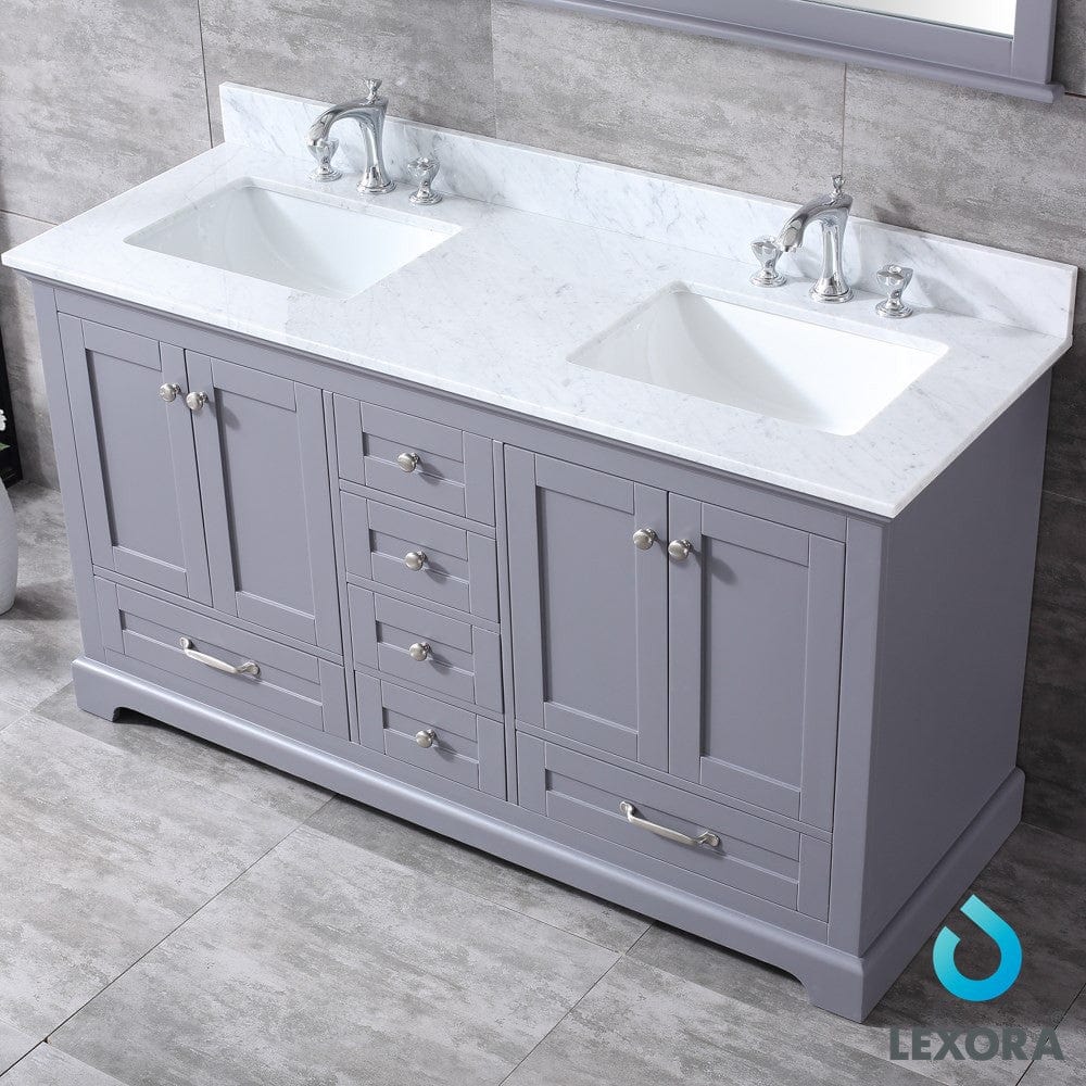 Lexora Dukes 60" Dark Grey Double Vanity Set | White Carrara Marble Top | White Ceramic Square Undermount Sinks | 58" Mirror