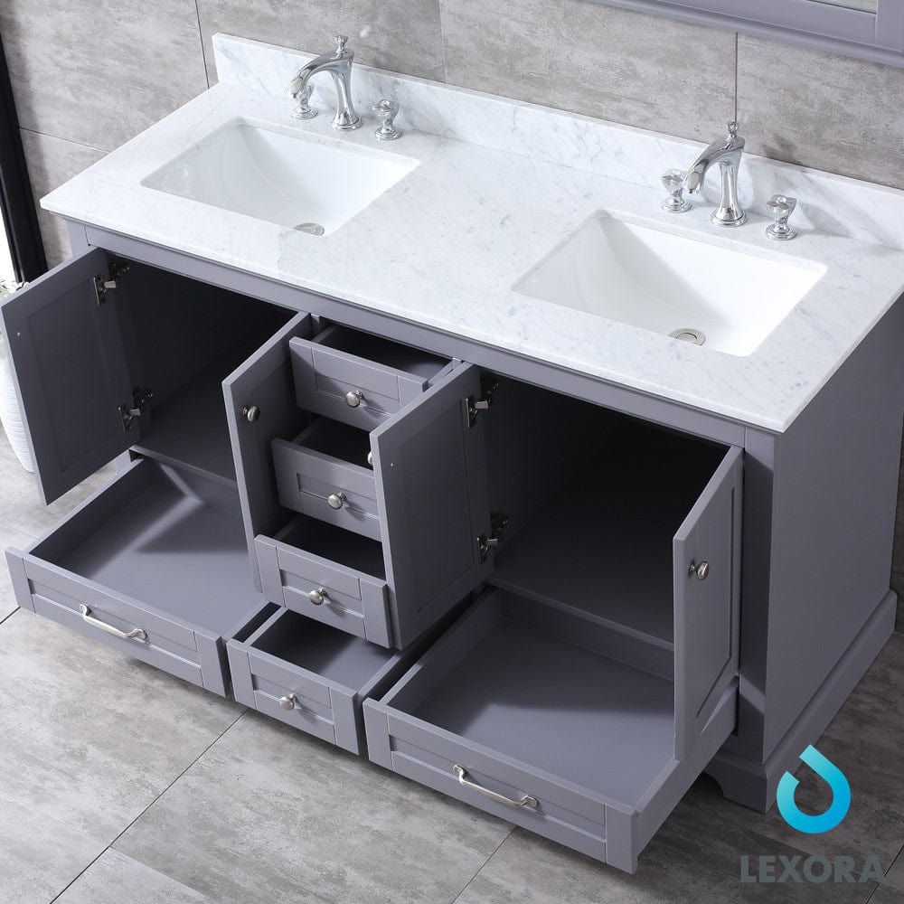 Lexora Dukes 60" Dark Grey Double Vanity Set | White Carrara Marble Top | White Ceramic Square Undermount Sinks | 58" Mirror