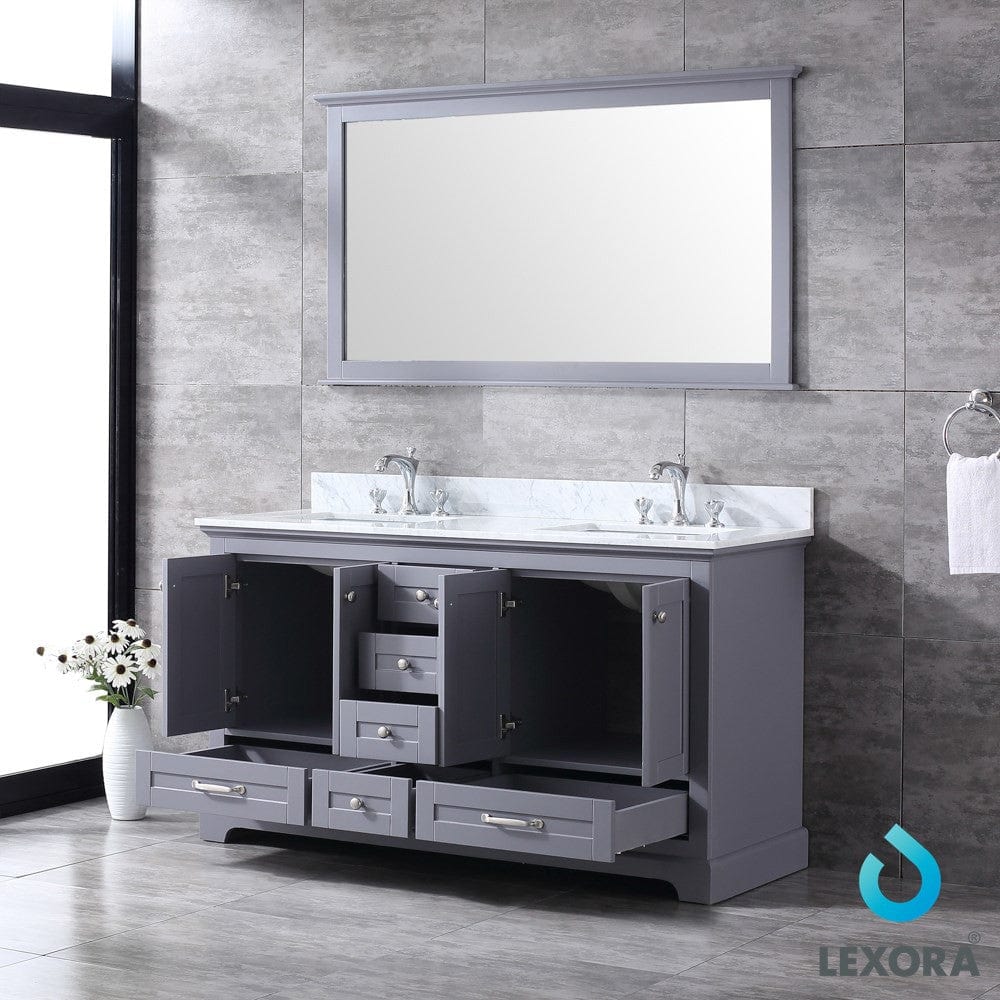 Lexora Dukes 60" Dark Grey Double Vanity Set | White Carrara Marble Top | White Ceramic Square Undermount Sinks | 58" Mirror