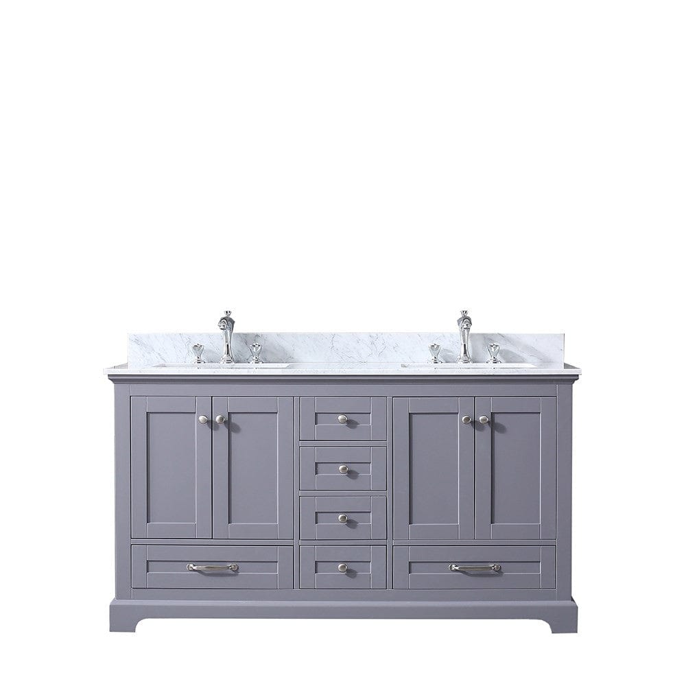 Lexora Dukes 60" Dark Grey Double Vanity | White Carrara Marble Top | White Ceramic Square Undermount Sinks | No Mirror