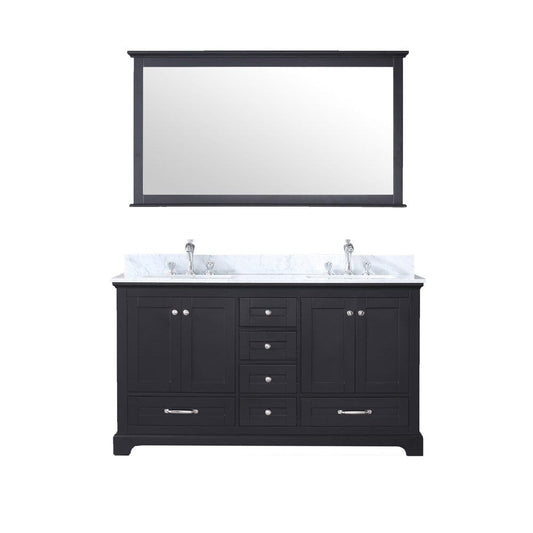 Lexora Vanities Lexora Dukes 60" Espresso Double Vanity Set | White Carrara Marble Top | White Ceramic Square Undermount Sinks | 58" Mirror