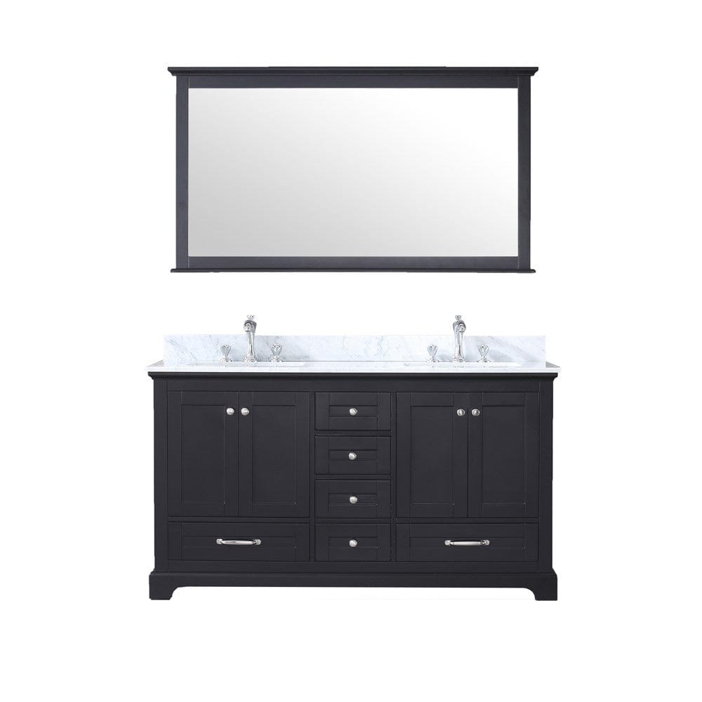 Lexora Dukes 60" Espresso Double Vanity Set | White Carrara Marble Top | White Ceramic Square Undermount Sinks | 58" Mirror