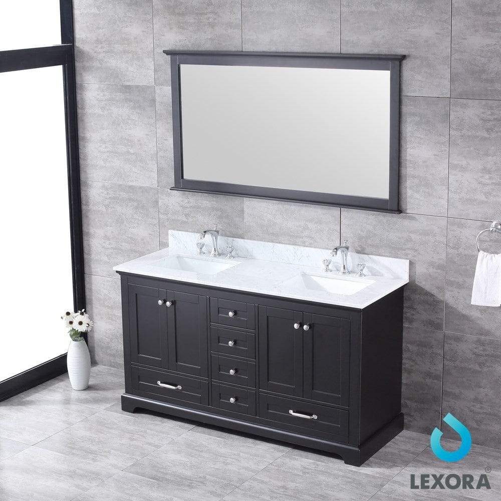 Lexora Dukes 60" Espresso Double Vanity Set | White Carrara Marble Top | White Ceramic Square Undermount Sinks | 58" Mirror